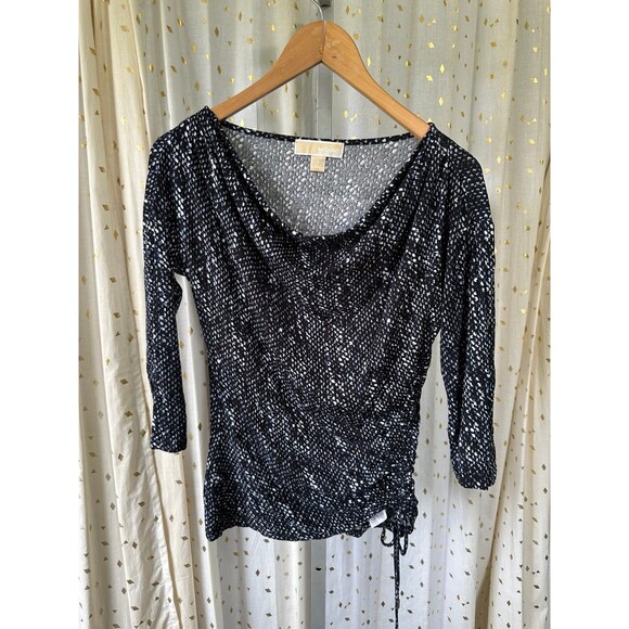 Michael Kors Cowl Neck Side Drawstring 3/4 Sleeve Snake Animal Print Blouse S - Picture 2 of 6